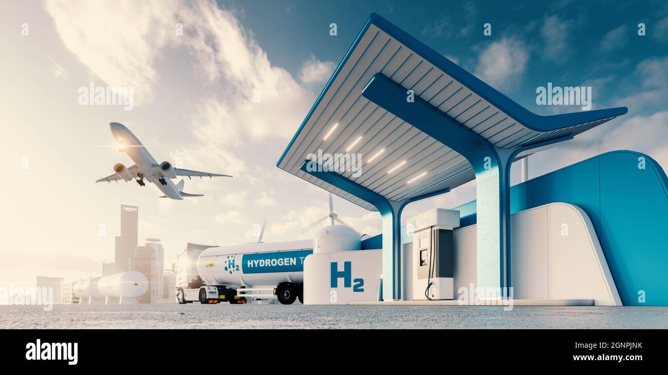 Futuro dell'energia a idrogeno. Stazione di gas idrogeno con camion, jet e città sullo sfondo. rendering 3d. Foto Stock