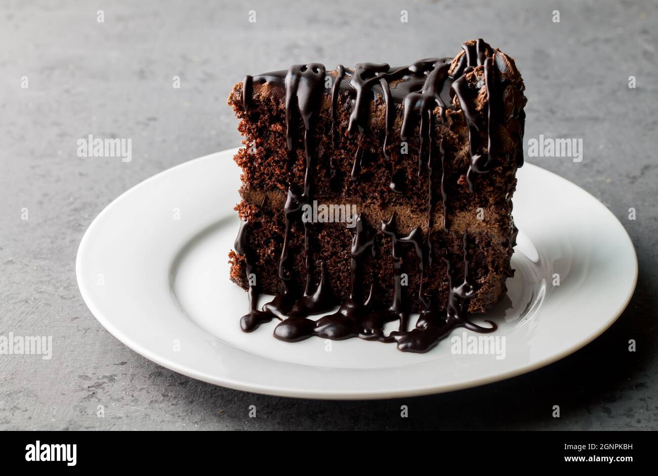 Piatto con fetta di gustosa torta al cioccolato fatta in casa sul piano del tavolo grigio Foto Stock