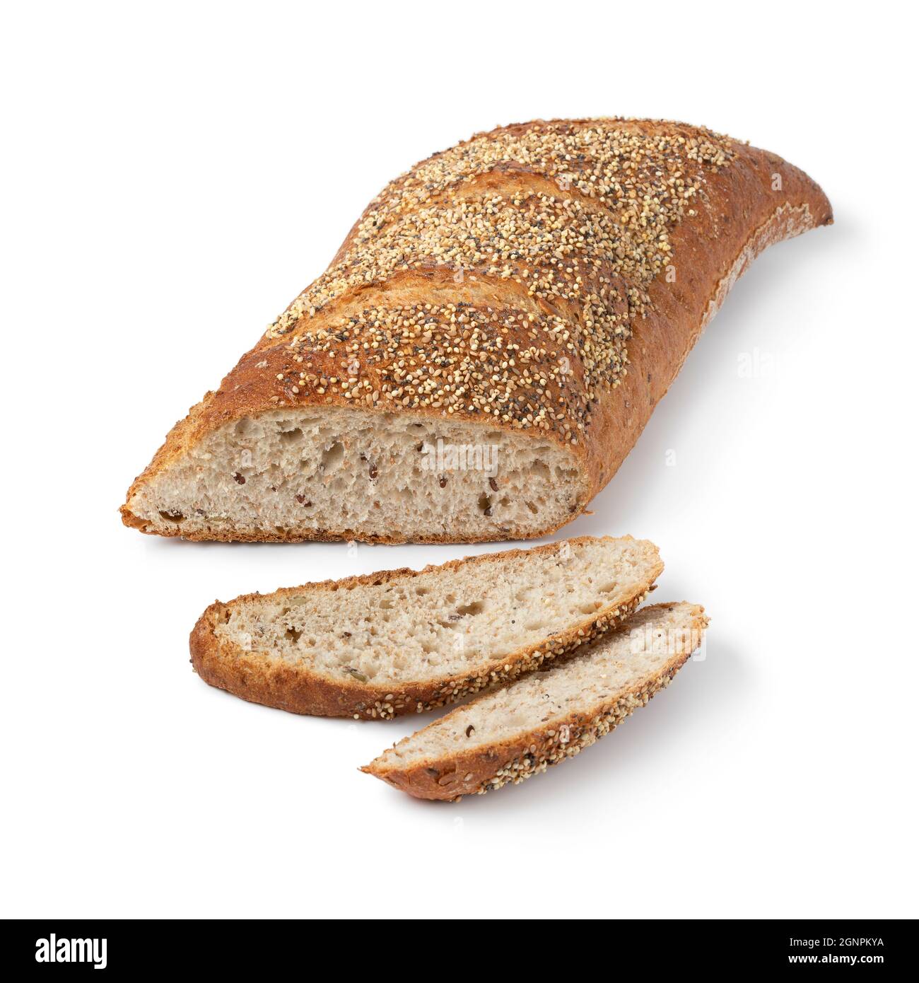 Pane tradizionale a fette con semi isolati su sfondo bianco Foto Stock