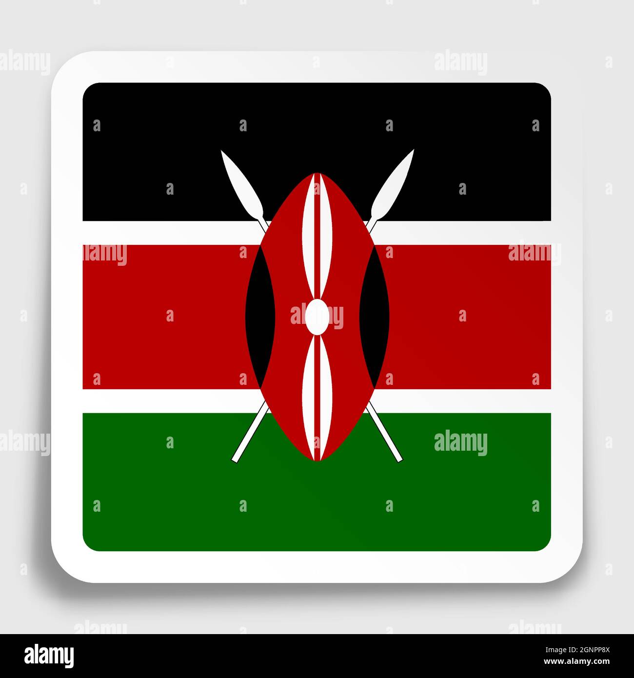 Icona della bandiera del Kenya su adesivo quadrato di carta con ombra. Pulsante per applicazioni mobili o Web. Vettore Illustrazione Vettoriale