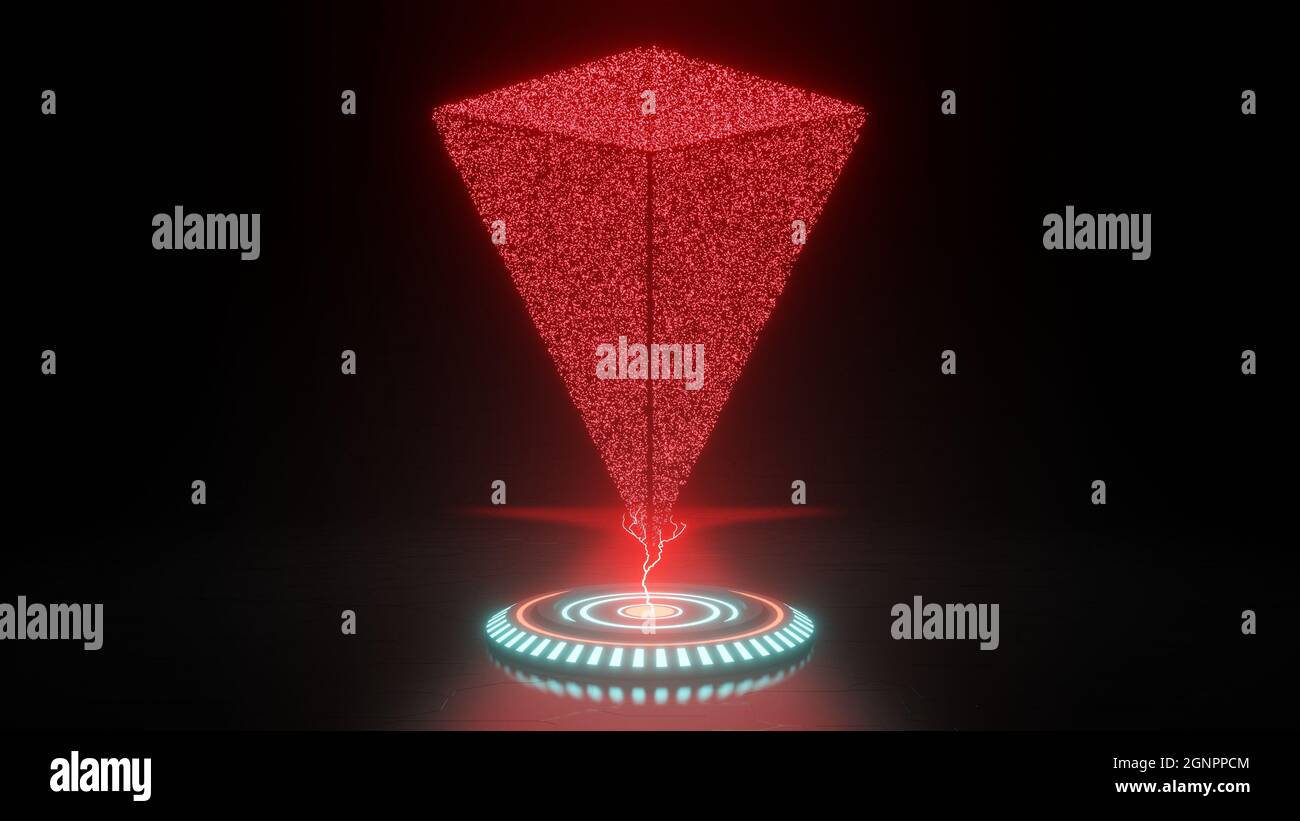 Ologramma 3D a forma di cono fantascientizio formato da particelle su  sfondo nero Foto stock - Alamy
