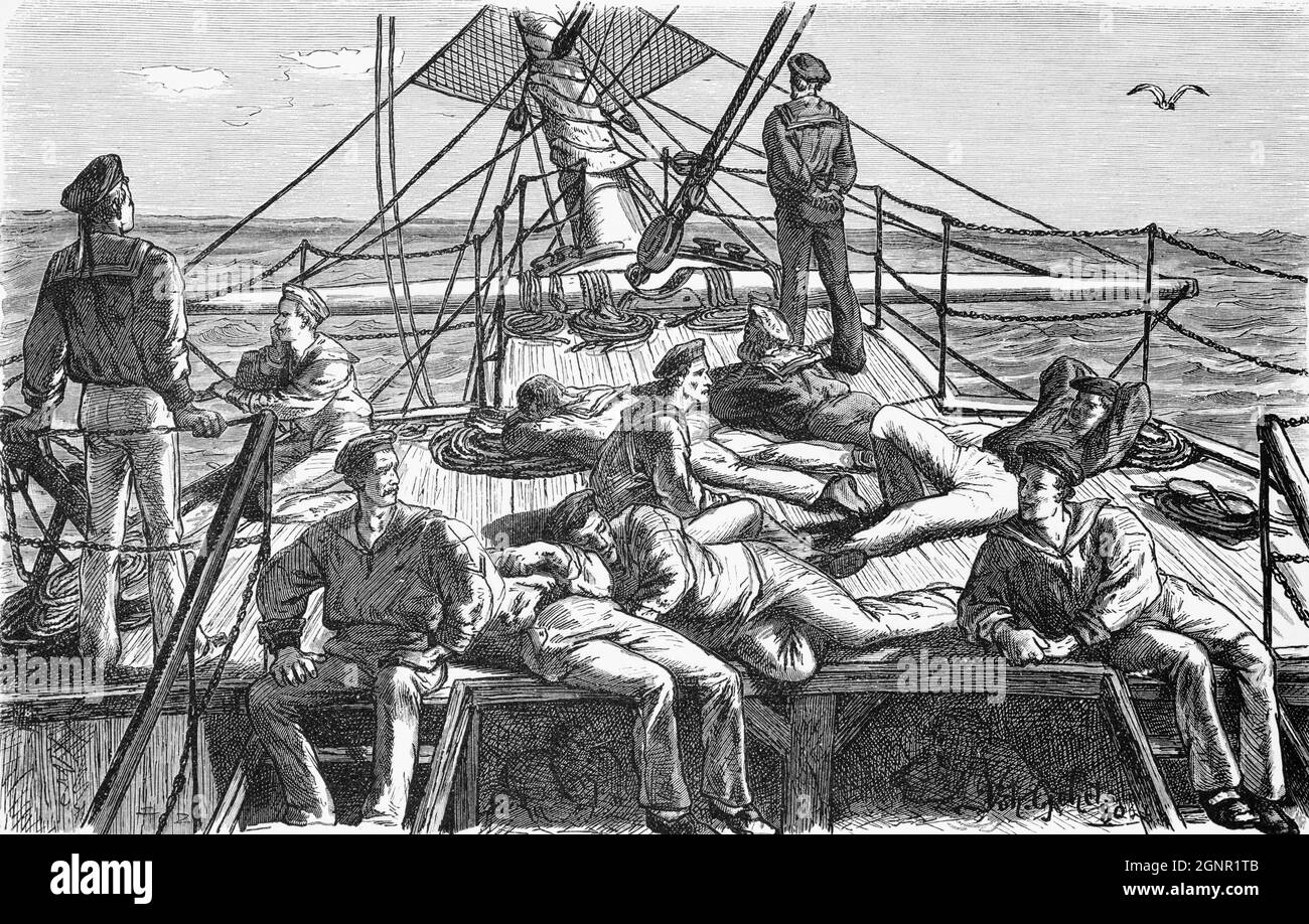 Marinai su una nave a vela che riposano sul bordo di un viaggio tranquillo, illustrazione storica 1880, Foto Stock
