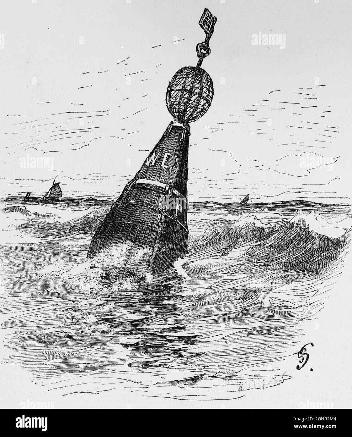 Galleggiamento nel Mare del Nord che indica acque navigabili, Germania del Nord, illustrazione storica 1880, Foto Stock
