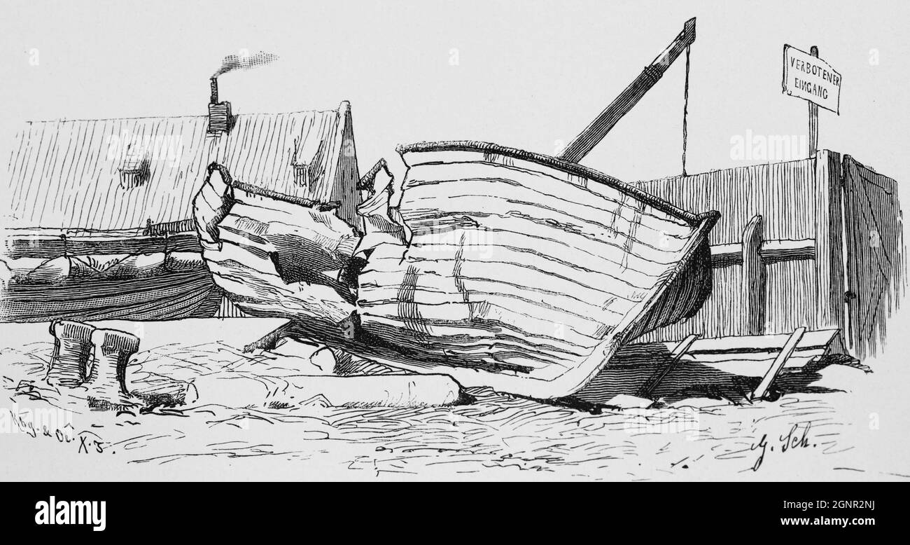 Nave distrutta lasciata come rottame di metallo, villaggio sconosciuto sul Mare del Nord, Germania del Nord, illustrazione storica 1880, Foto Stock