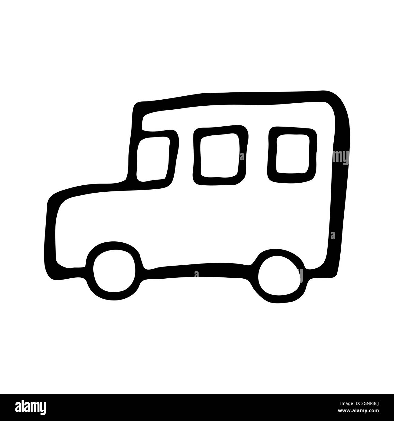 Autobus scuola in stile doodle disegnato a mano in vettore. Illustrazione isolata su sfondo bianco. Per design d'interni, carta da parati, imballaggio, poster Illustrazione Vettoriale