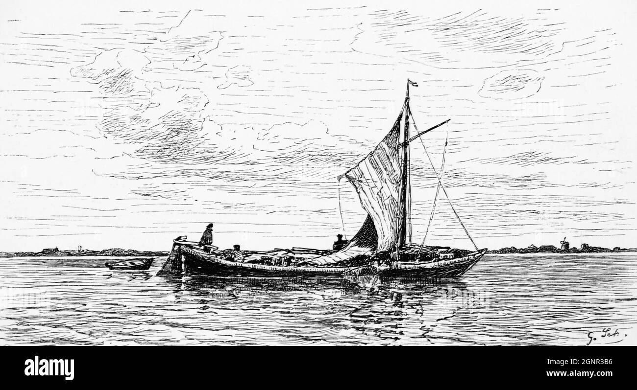 Una barca a fondo piatto Pünte sul fiume EMS vicino ad Emden per il trasporto di merci, Frisia orientale, bassa Sassonia, Germania settentrionale, illustrazione storica 1880, Foto Stock