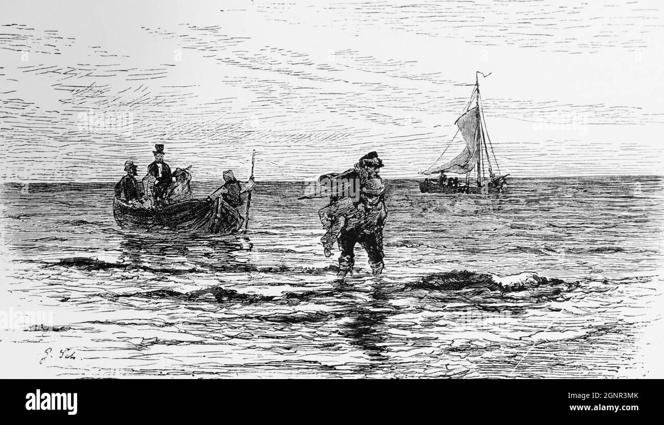 Un uomo locale che rimorchia una barca a remi con nuovi passeggeri verso l'isola di Borkum, Frisia orientale, bassa Sassonia, Germania settentrionale, illustrazione storica 1880, Foto Stock