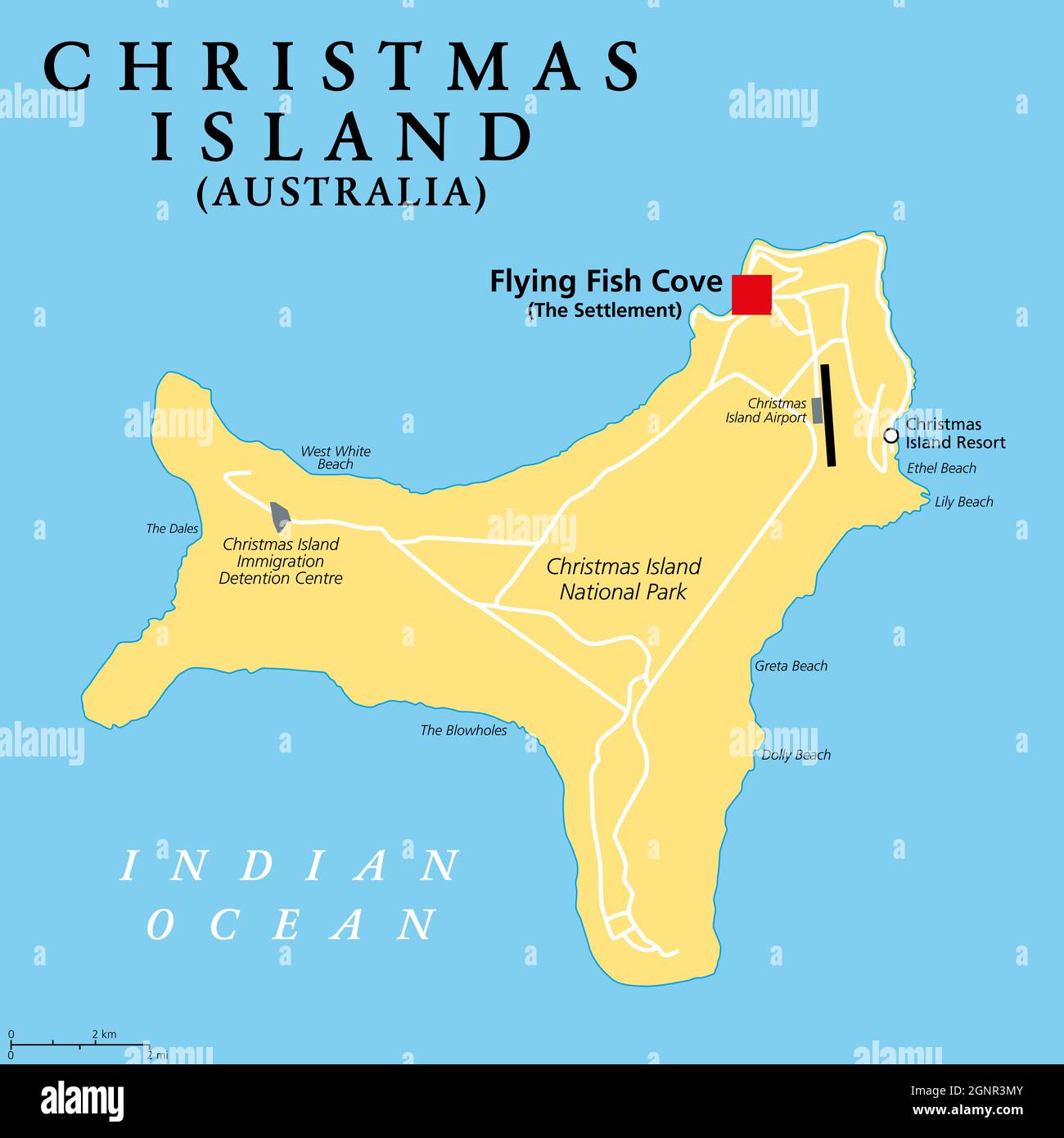 Christmas Island, Australia, mappa politica, con l'insediamento principale Flying Fish Cove. Territorio esterno australiano, comprendente l'isola omonima. Foto Stock