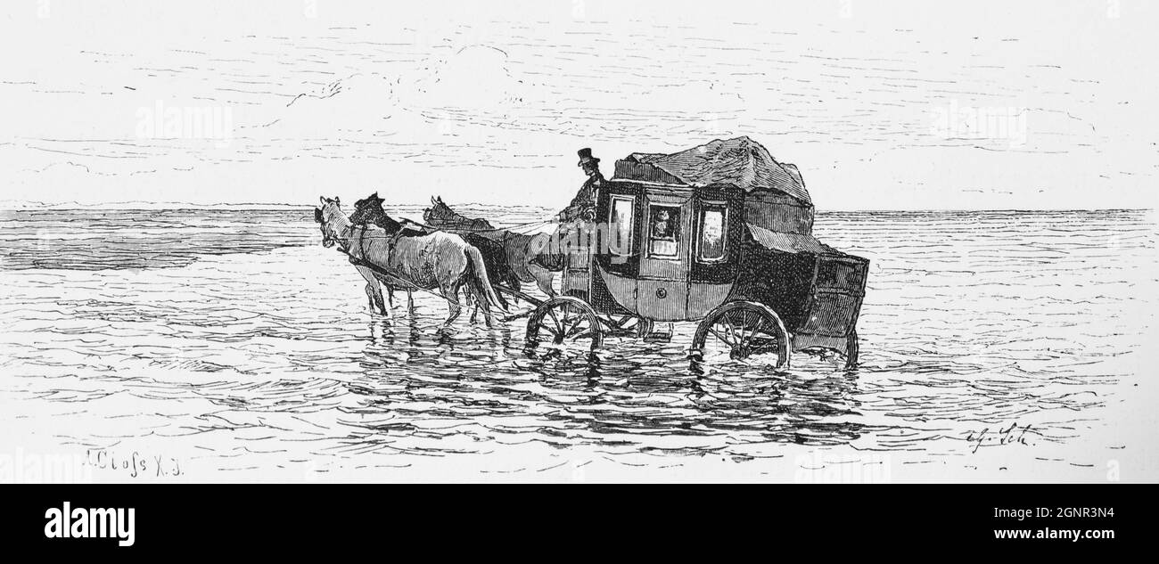 Attraverso il mare di wadden in carrozza trainata da cavalli, Frisia orientale, bassa Sassonia, Germania settentrionale, illustrazione storica 1880, Foto Stock