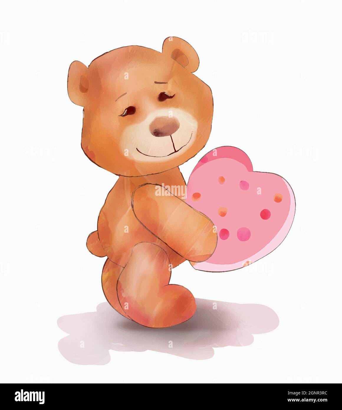 Un orso carino sta tenendo un cuore rosa. Illustrazione del messaggio di saluto vettoriale, disegno ad acquerello Illustrazione Vettoriale