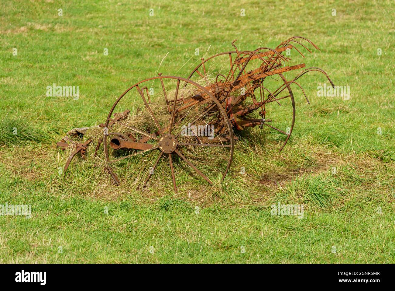 ÅNA-SIRA, NORVEGIA - SETTEMBRE 08. Antico tosaerba da fieno agricolo vintage attrezzature agricole in campo grande. Foto Stock