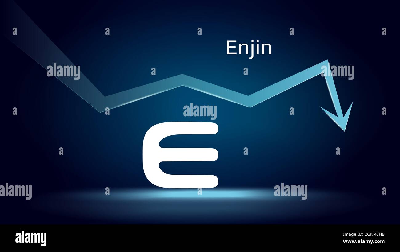 Enjin ENJ in calo di tendenza e di prezzo. Simbolo della moneta di criptovaluta e freccia giù. Schiacciato e caduto giù. Crisi e crash del commercio di criptovaluta Illustrazione Vettoriale