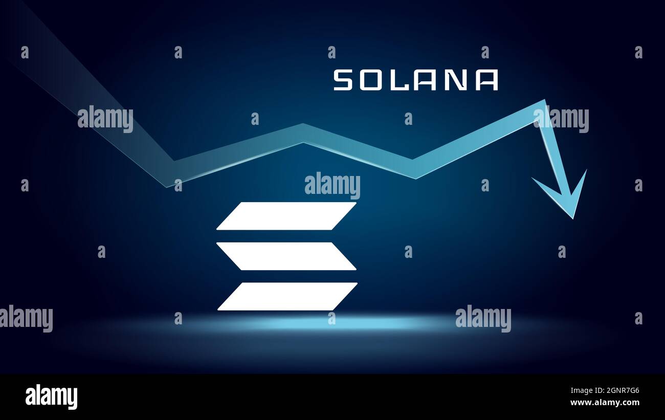 Solana Sol in trend di ribasso e di prezzi in calo. Simbolo della moneta di criptovaluta e freccia giù. Schiacciato e caduto giù. Crisi del commercio di criptovaluta e cras Illustrazione Vettoriale