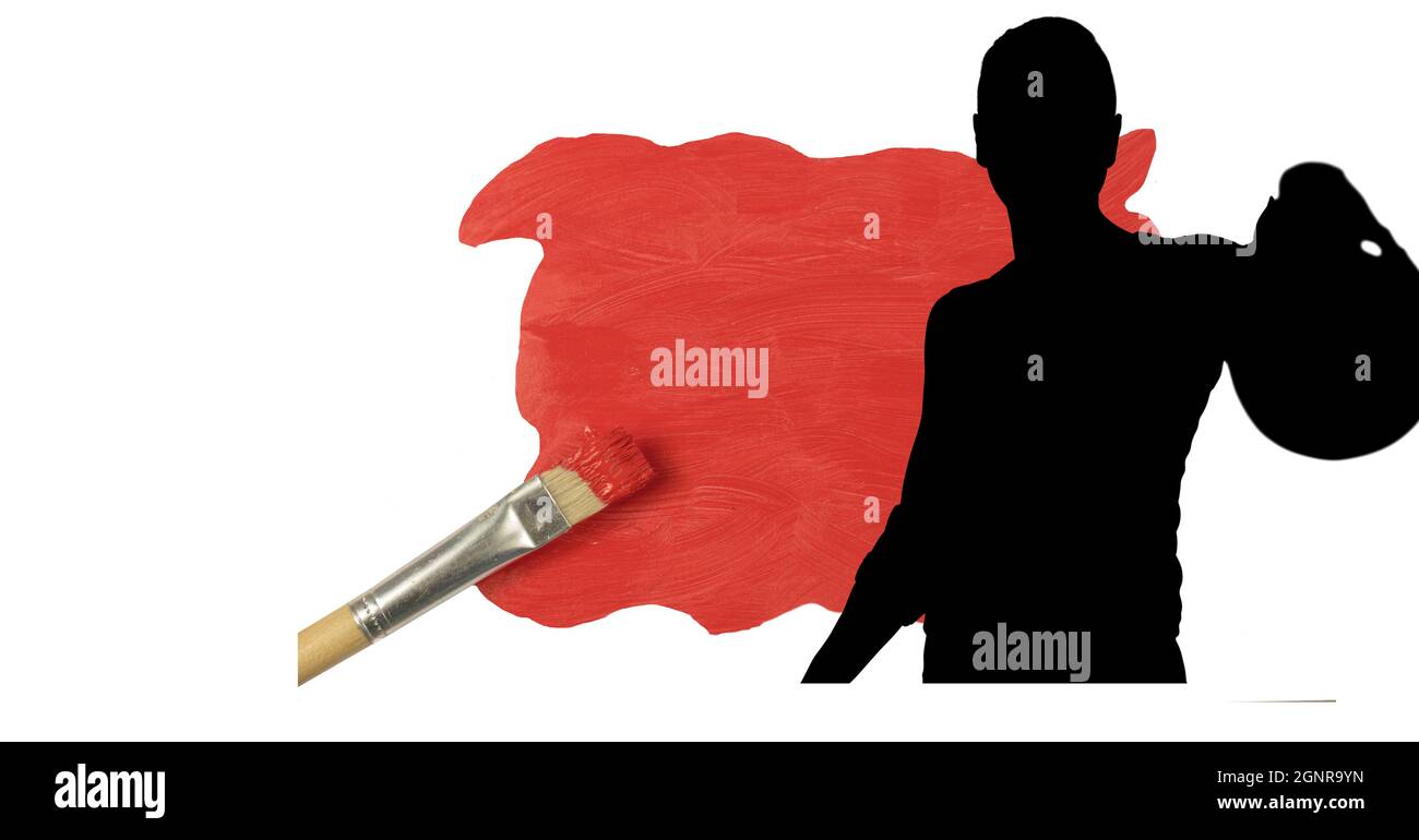 Silhouette del giocatore femminile di pallamano contro macchia di vernice rossa e pennello su sfondo bianco Foto Stock