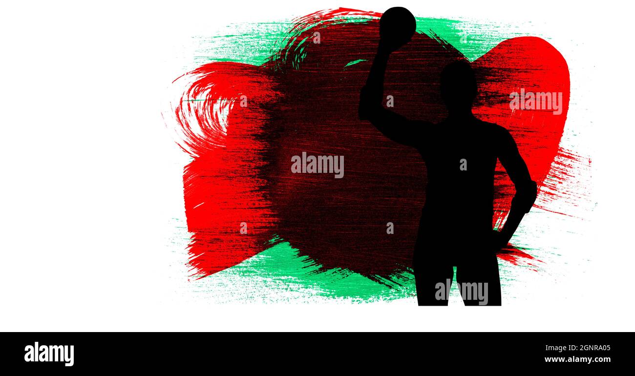 Silhouette del giocatore di pallamano femminile contro tratti di pennello rosso, verde e nero Foto Stock