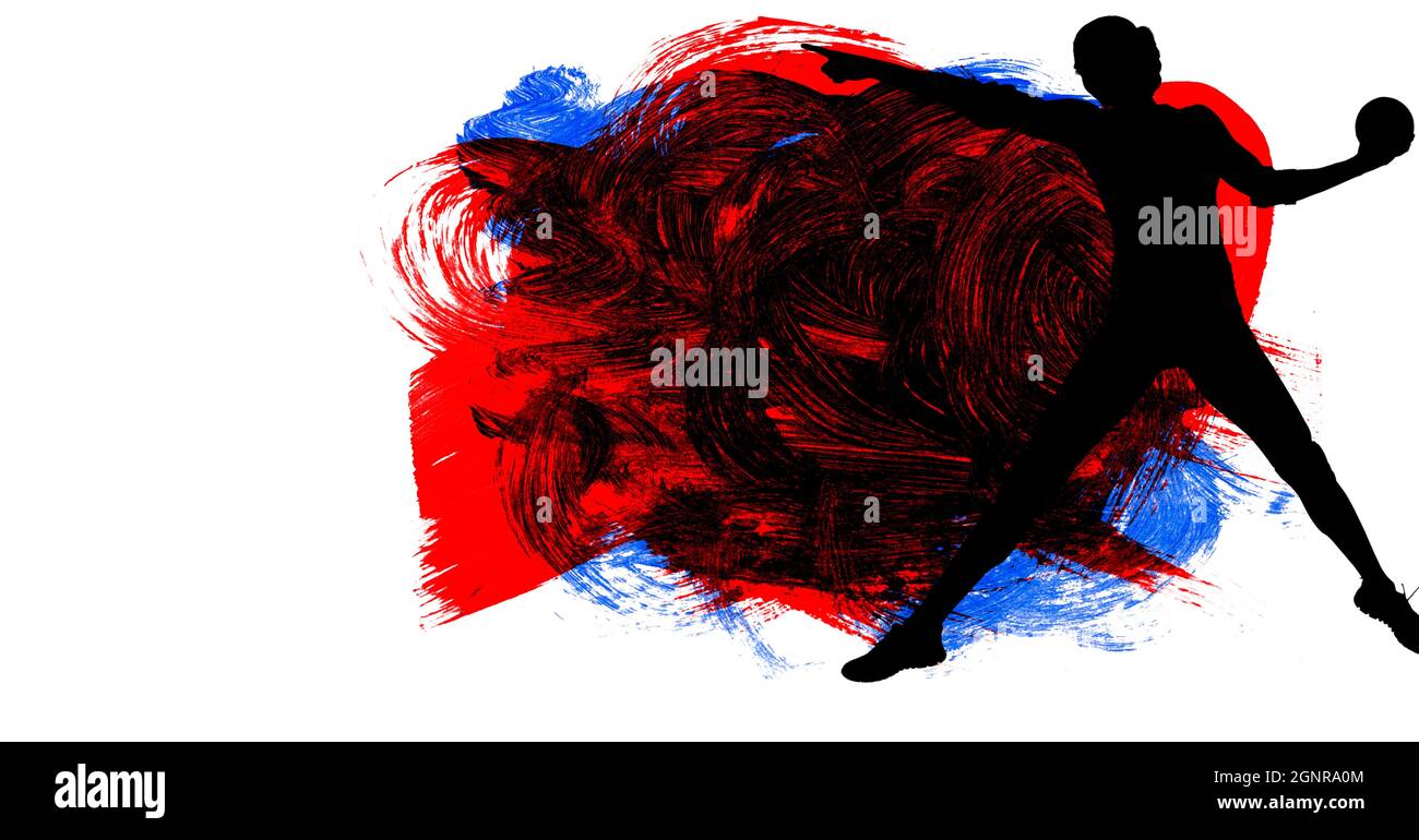 Silhouette del giocatore di pallamano femminile contro tratti di pennello rosso, blu e nero Foto Stock