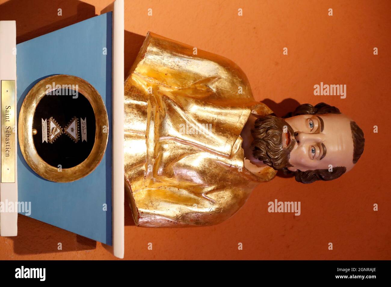 Notre Dame de Plaimpalais chiesa. San Sebastiano. Statua Francia. Foto Stock
