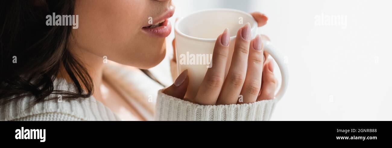 vista parziale della donna in abiti accoglienti che bevono tè caldo, banner Foto Stock