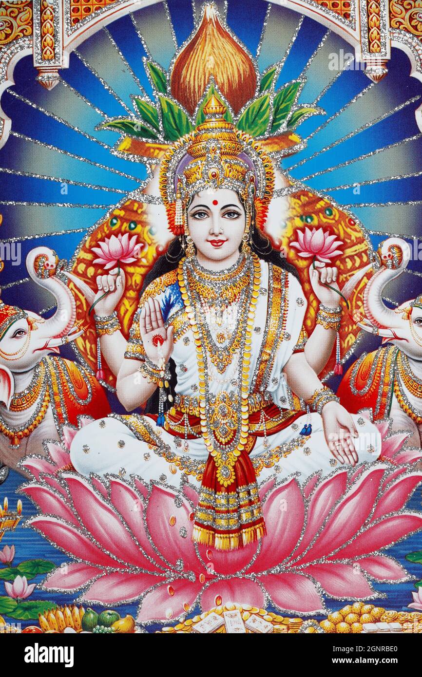 Lakshmi, la moglie di Vishnu, è dea della prosperità, della buona fortuna e della bellezza. Foto Stock