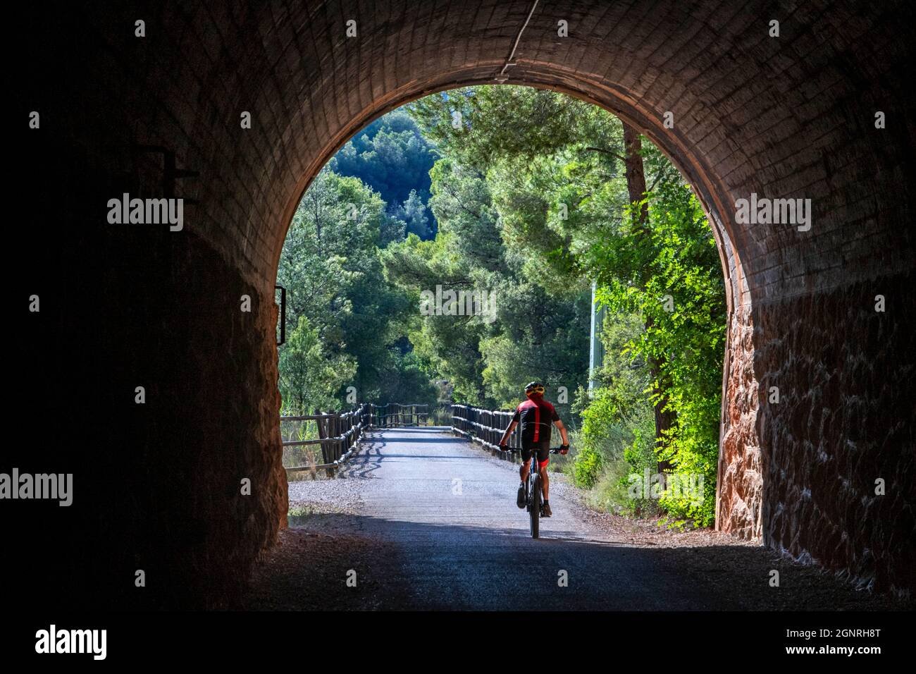 Pedalando sulla strada verde della Val de Zafán tra i villaggi di Bot e Xerta (Tarragona, Catalogna, Spagna). La Val de Zafán Greenway è un vecchio treno co Foto Stock