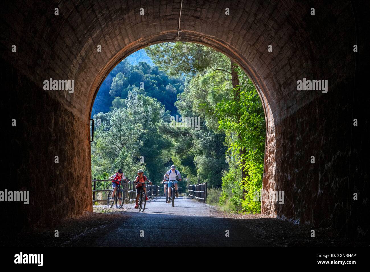 Pedalando sulla strada verde della Val de Zafán tra i villaggi di Bot e Xerta (Tarragona, Catalogna, Spagna). La Val de Zafán Greenway è un vecchio treno co Foto Stock