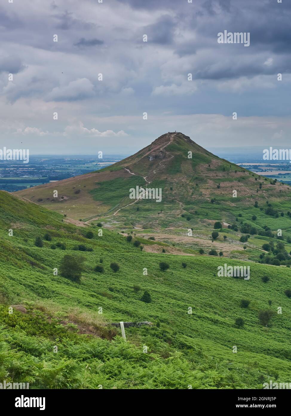 Roseberry Topping sotto un cielo nuvoloso, guardando dal sentiero lato est, i sentieri ripidi e ventosi visibile sul suo lato. Foto Stock