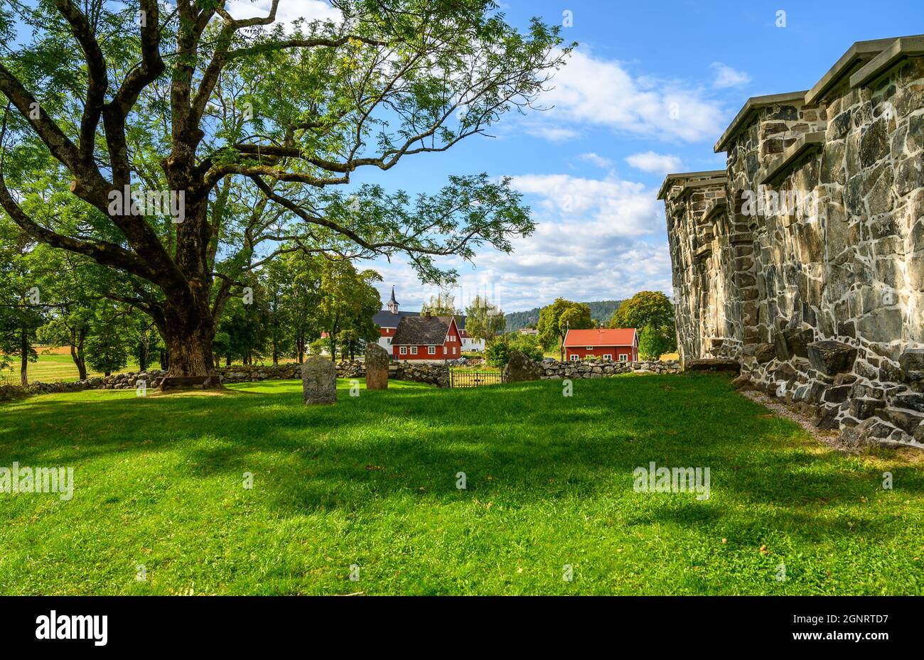 Le rovine della chiesa di Holla a Ulefoss, nella contea di Telemark, Norvegia, risalgono al 1100 ed è situata in alto terreno in un paesaggio rurale idilliaco. Foto Stock