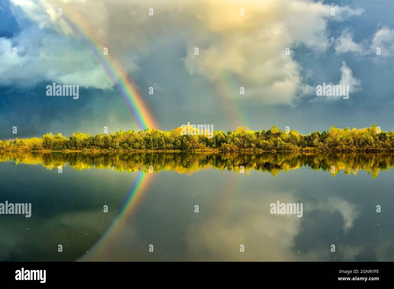 Riflesso nell'acqua del fiume di un doppio arcobaleno luminoso e foresta autunnale con coloratissime foglie lungo il fiume, come una freccia. Incredibile paesaggio autunnale wit Foto Stock
