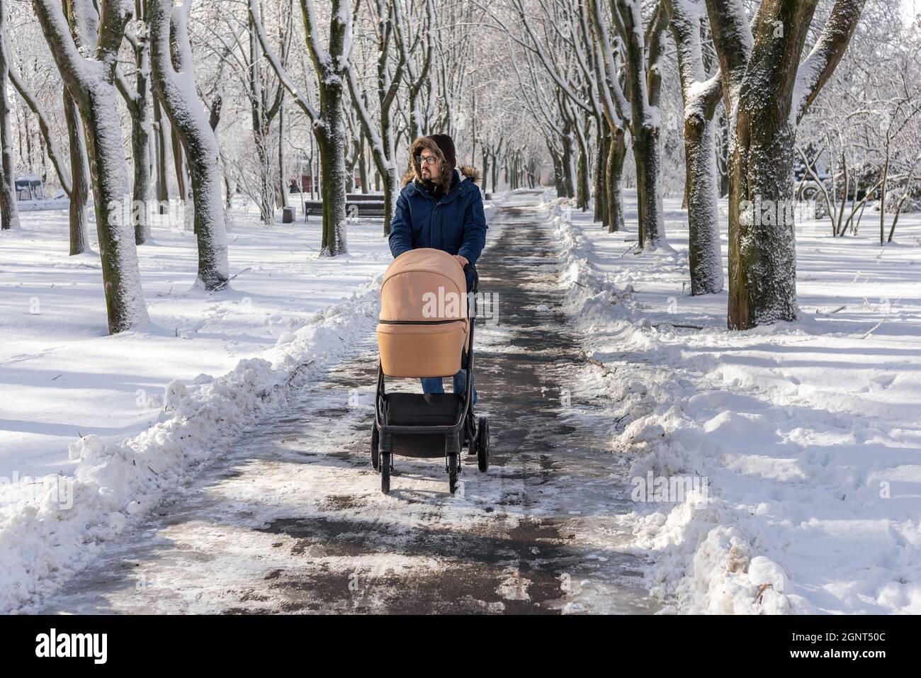 Padre cammina con un passeggino in un parco invernale coperto di neve. Trascorrere del tempo con il bambino in una splendida giornata invernale. Passeggiate ricreative con un bambino. M Foto Stock
