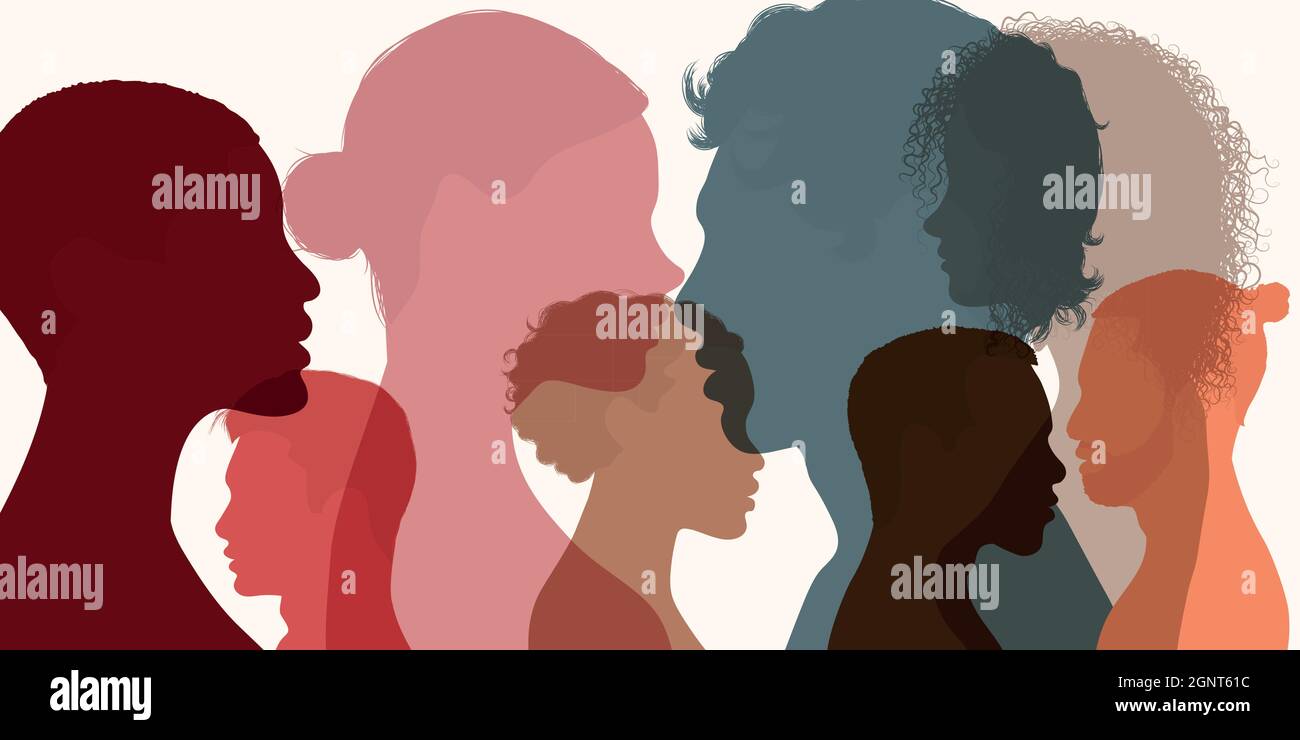 Le teste di silhouette sono a profilo di persone multietniche e multiculturali. Concetto di psicologia. Risolvere problemi psicologici. Comunicazione. Squadra Illustrazione Vettoriale