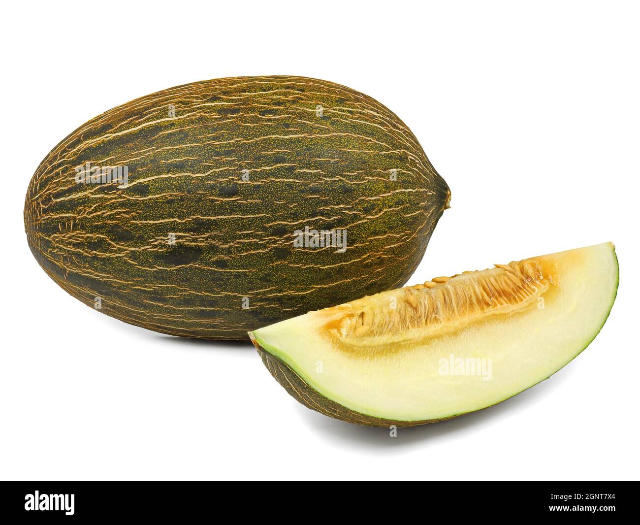Melone di Piel de sapo, melone di natale e una fetta su sfondo bianco Foto Stock