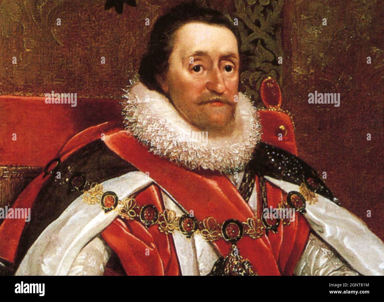 GIACOMO VI e io (1566-1625) Re Giacomo VI di Scozia e successivamente Re Giacomo i come Re d'Inghilterra e d'Irlanda dipinte da Daniel Mitens nel 1621 Foto Stock