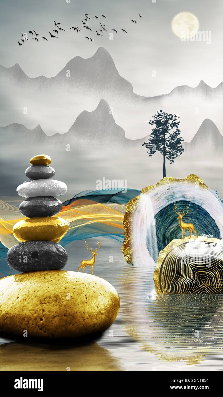 3d moderna tela arte murale sfondo paesaggio lago e linee ondeggianti sfondo. luna in acqua e dorato albero di natale, cervi, montagna grigia, pietra sole Foto Stock