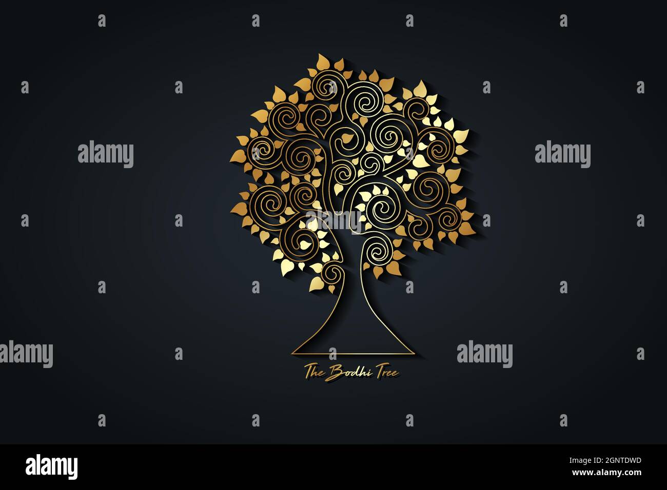 Il modello di logo in oro dell'albero di Bodhi, il concetto di albero della vita, la figura sacra con le foglie a forma di cuore, il giorno di Vesak, silhouette di lusso dorata, isola vettoriale icona Illustrazione Vettoriale