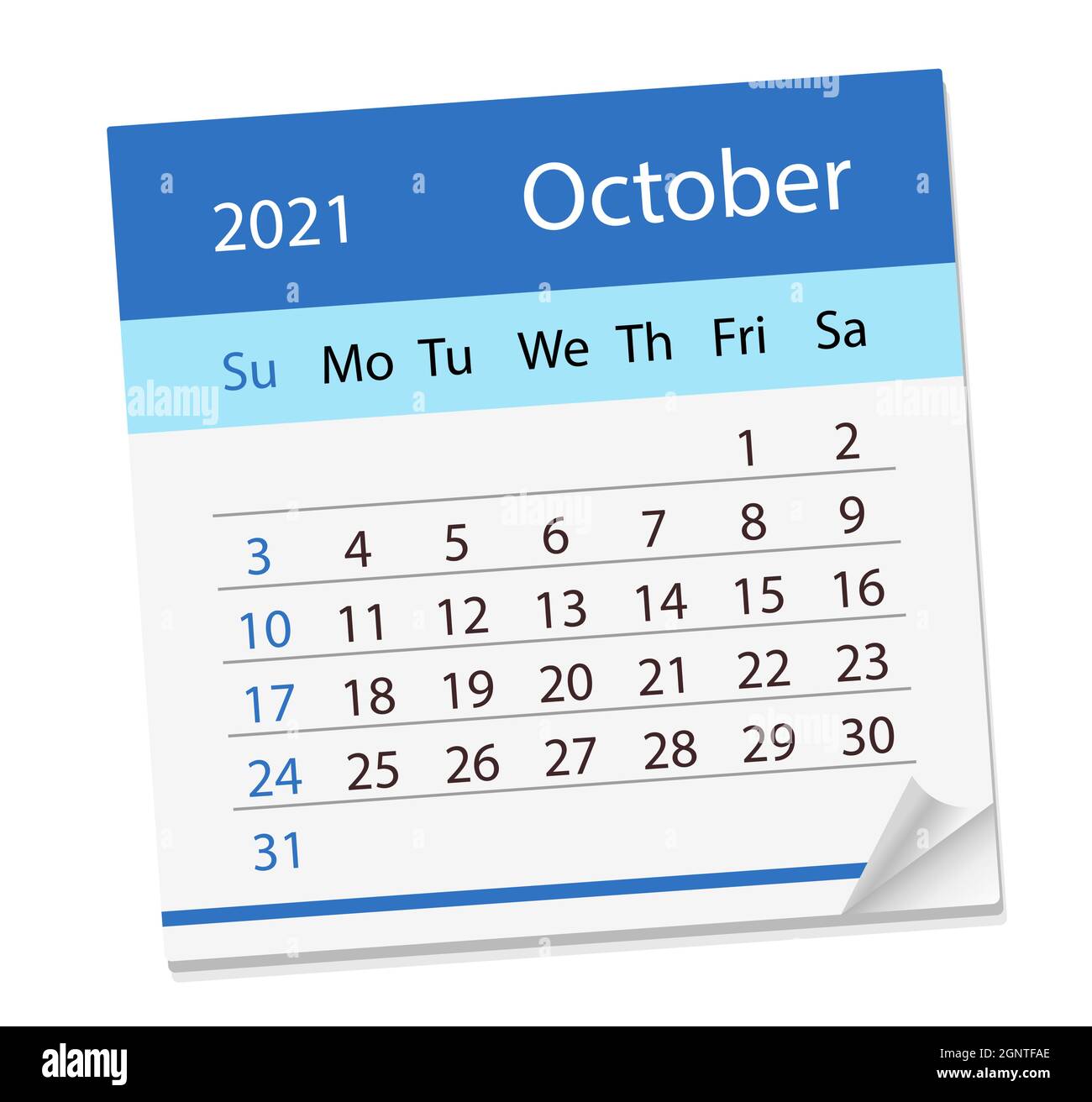 Calendario del mese di ottobre 2021. Illustrazione vettoriale. Illustrazione Vettoriale