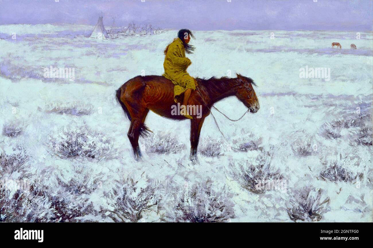 Frederick Remington artwork - The herd Boy - Lone nativo americano a cavallo orologi sopra la mandria. Foto Stock