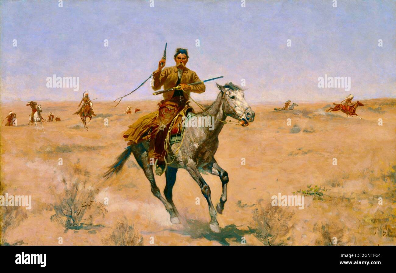 Frederick Remington artwork - The Flight - Cowboy in galoppe a cavallo lontano dai nativi americani in inseguimento. Foto Stock