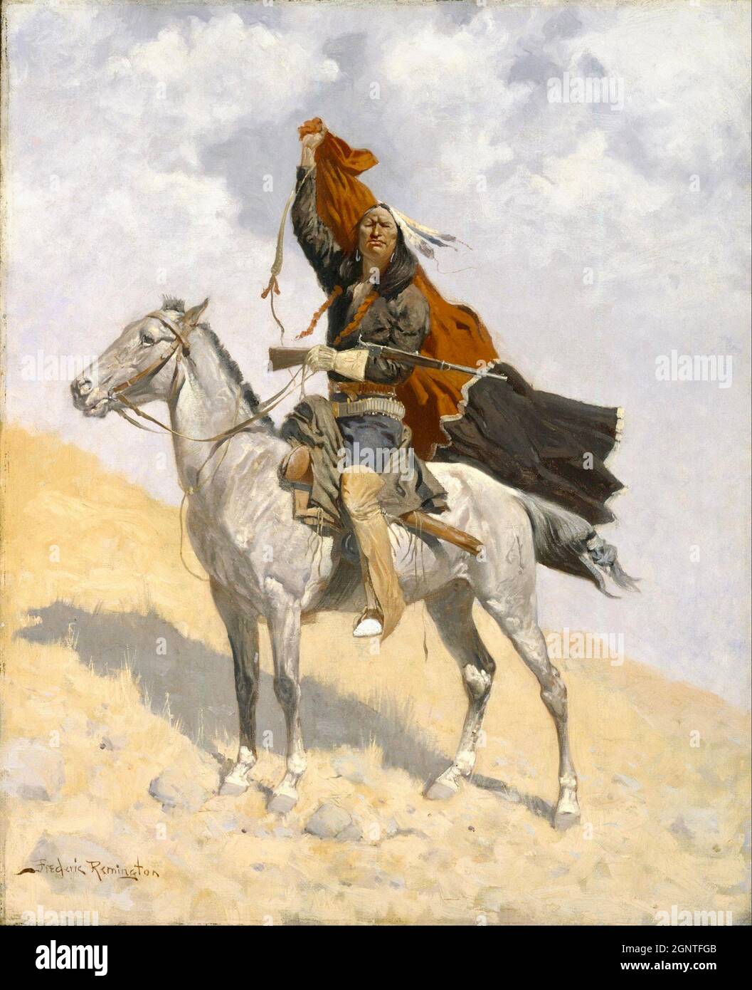 Frederick Remington artwork - The blanket signal - il cavaliere americano nativo di Lone alza una coperta sopra la sua testa come segnale. Foto Stock