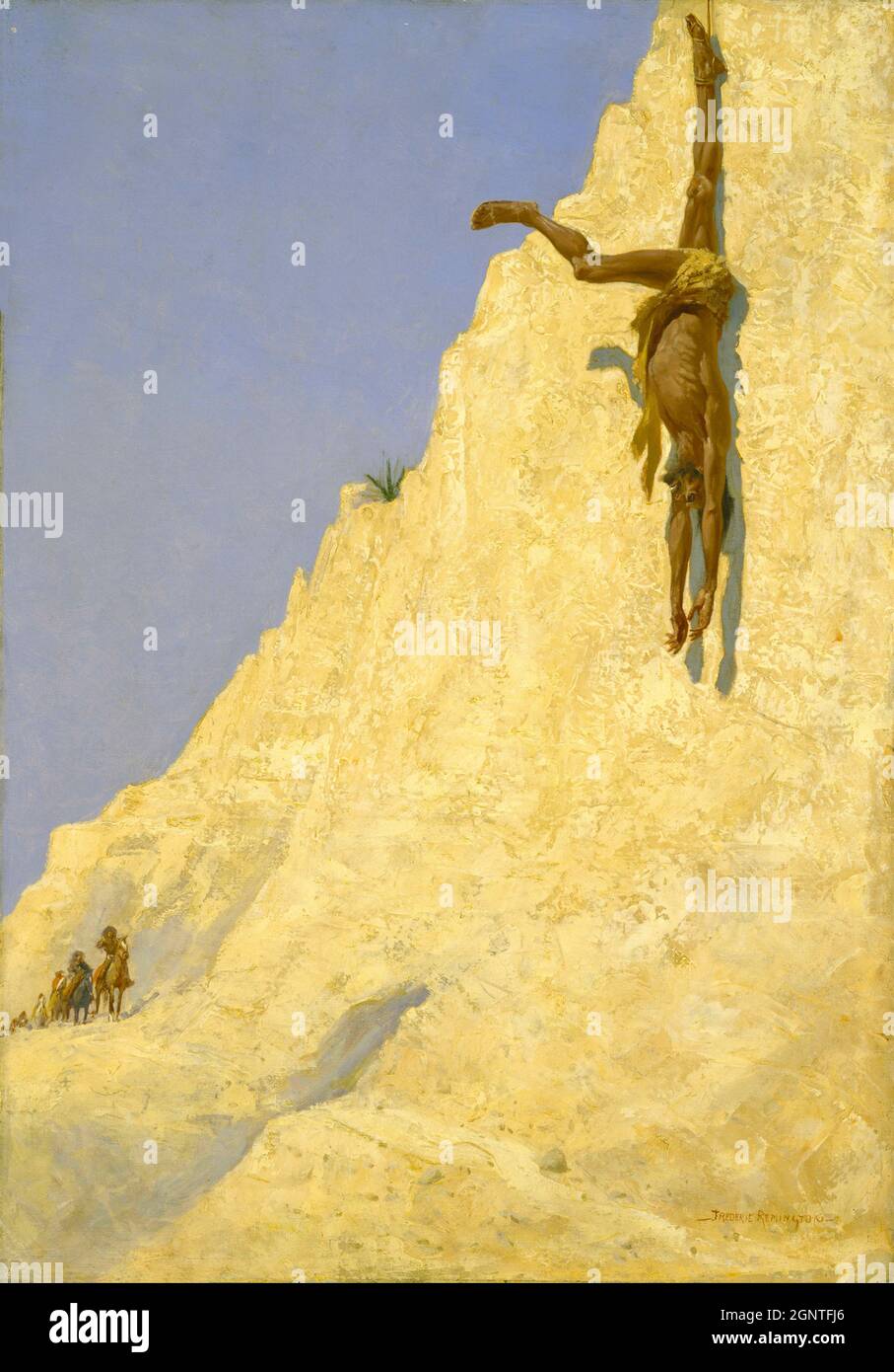 Frederick Remington artwork - il trasgressore - Un uomo si appende capovolto legato da una gamba. Una presunta punizione. I fatti restano poco chiari. Foto Stock