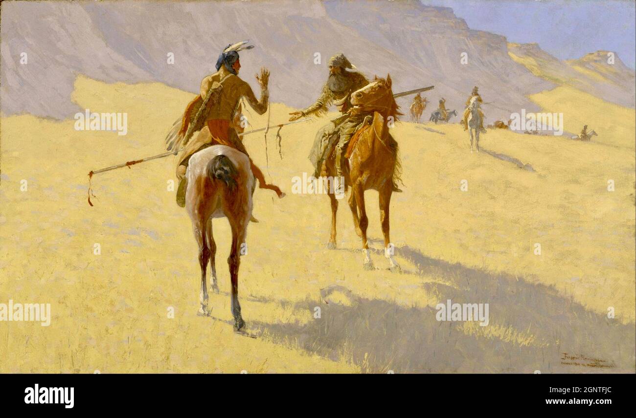 Frederick Remington artwork - The Parley - giro dei nativi americani e dei cowboy fino a ciascuno per parley, Foto Stock