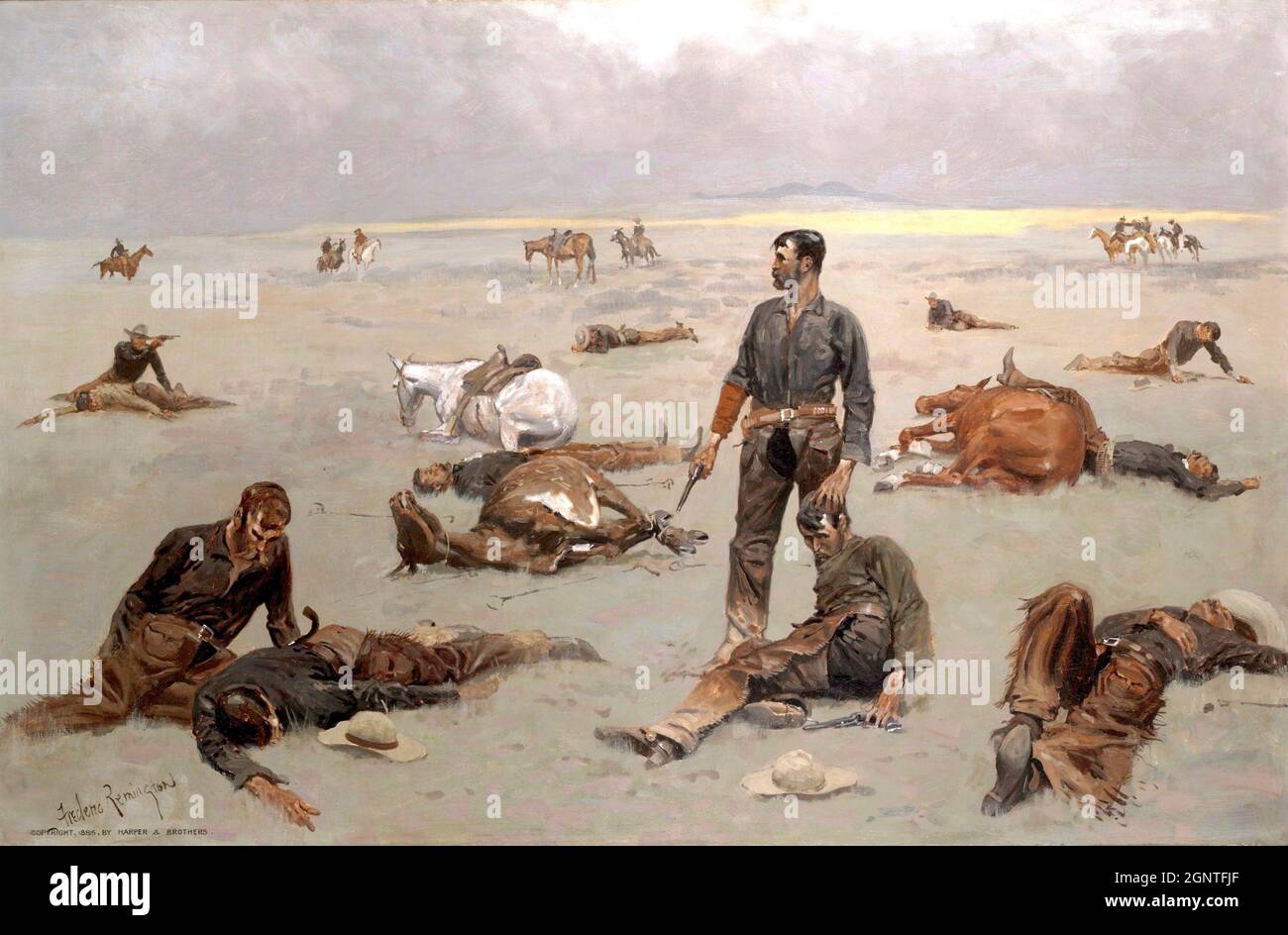 Frederick Remington artwork - che cosa ha costato una mucca senza marchio - Gunfight lascia molti morti e feriti in disputa sulla proprietà del bestiame. Foto Stock