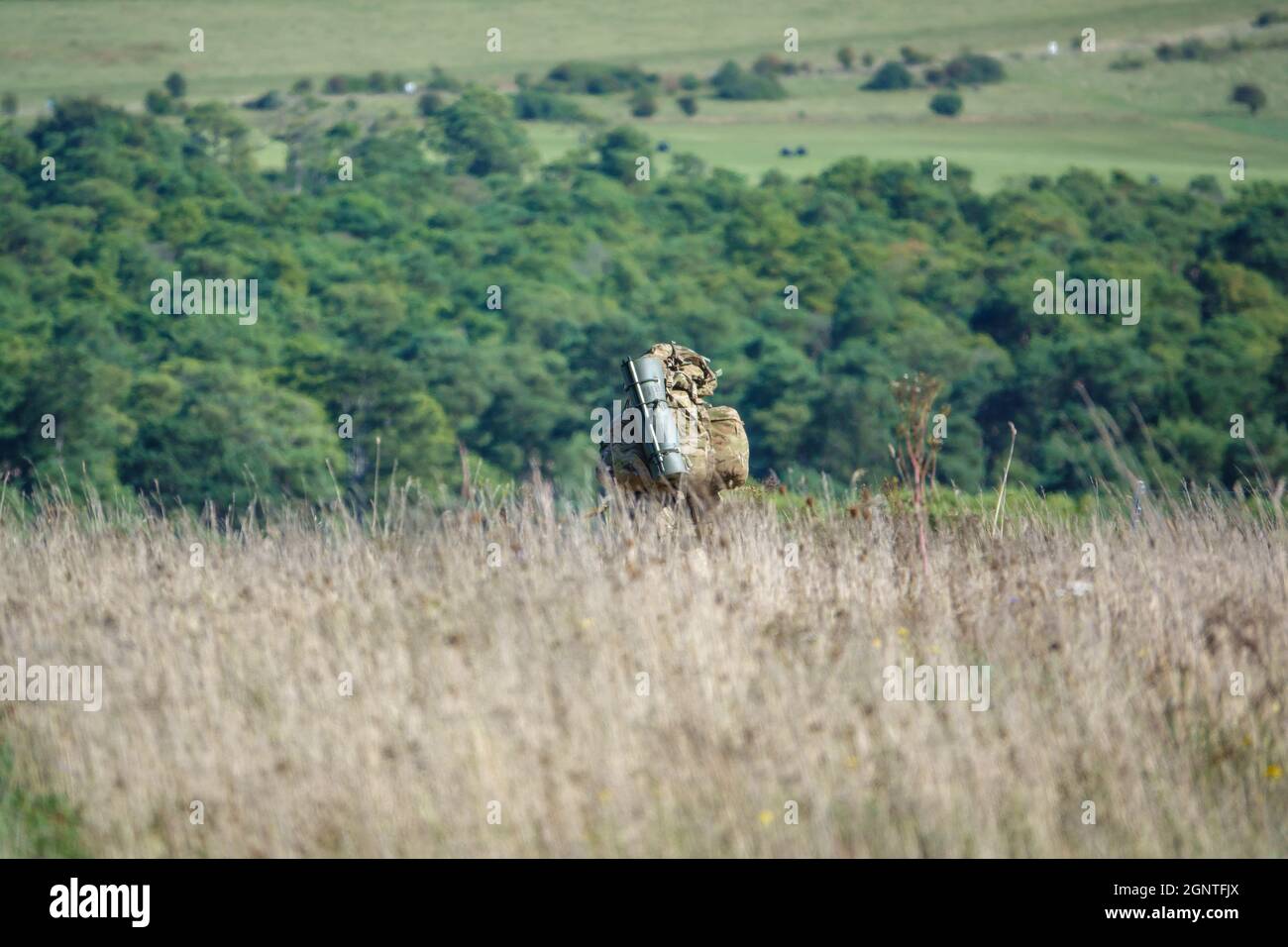 Esercito britannico GCC soldati di fanteria su una scheda di prova di addestramento di combattimento 4km che trasporta 40kg attraverso Salisbury Plain Wiltshire Regno Unito Foto Stock