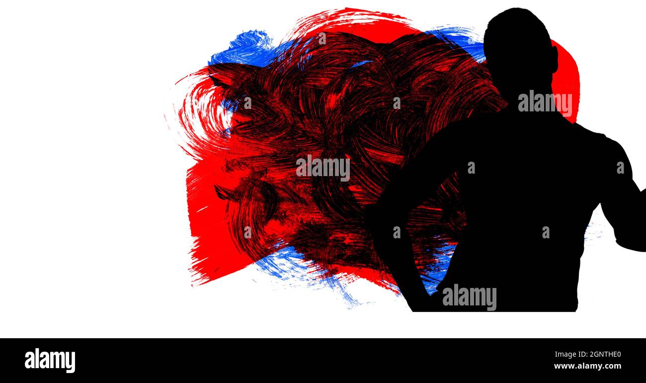 Silhouette del giocatore di pallamano femminile contro tratti di pennello blu, rosso e nero Foto Stock
