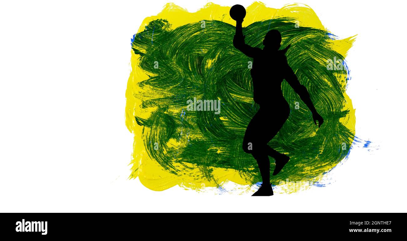 Silhouette del giocatore di pallamano femminile contro tratti di pennello gialli, blu e verdi Foto Stock