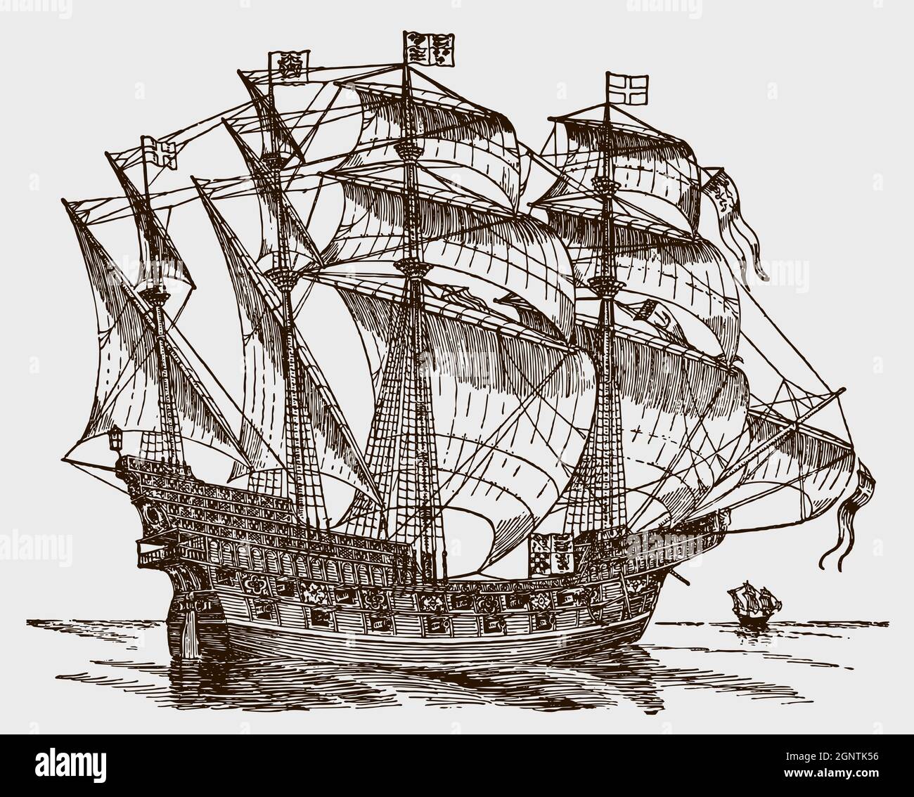 Ark Royal, storica ammiraglia inglese del XVI secolo in mare Illustrazione Vettoriale