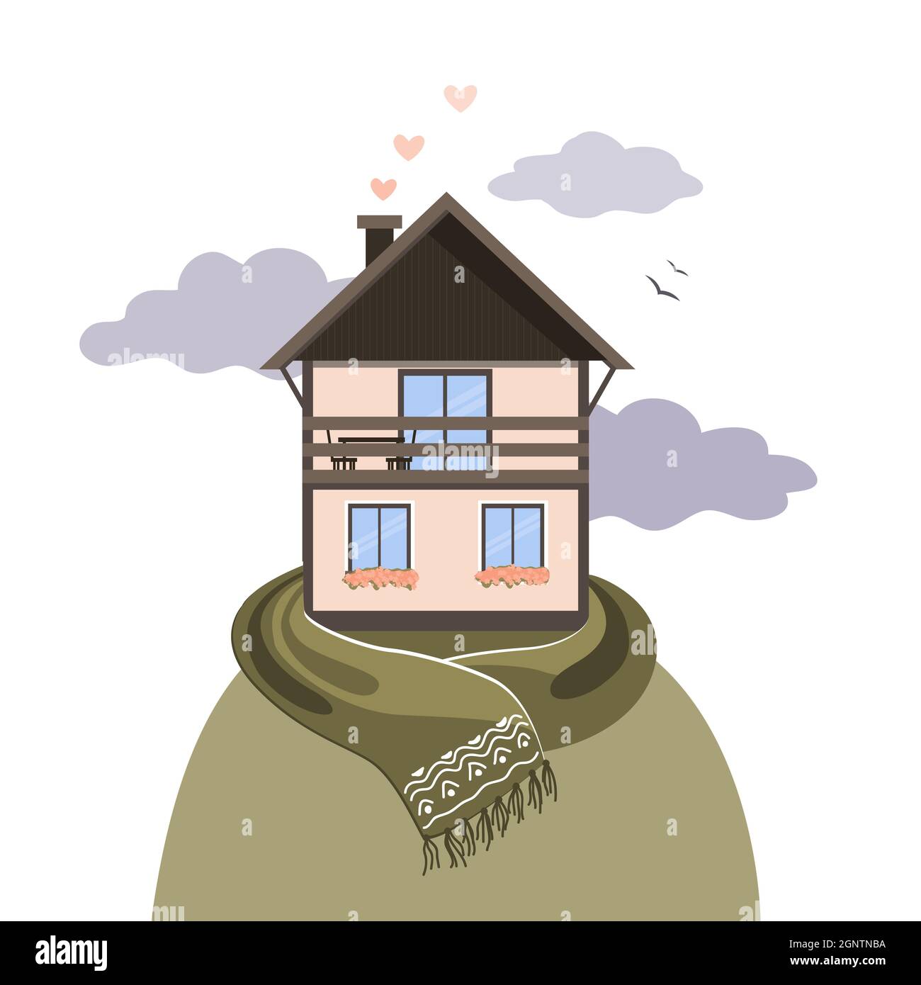 Casa su una collina, cartoni animati paesaggio autunnale. Hygge e concetto accogliente autunno. Paesaggio di campagna. Illustrazione vettoriale Illustrazione Vettoriale