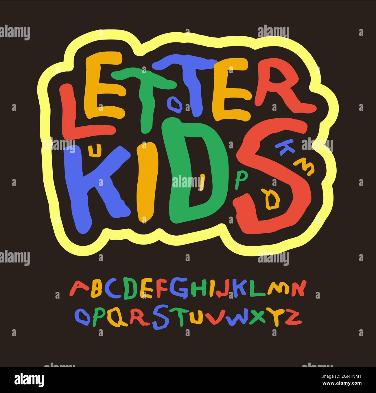 Lettere colorate per bambini, abc per l'istruzione, font per bambini. Alfabeto multicolore per il logo divertente, decorazione d'arte di compleanno, gioco scolastico, caratteri fumetti Illustrazione Vettoriale