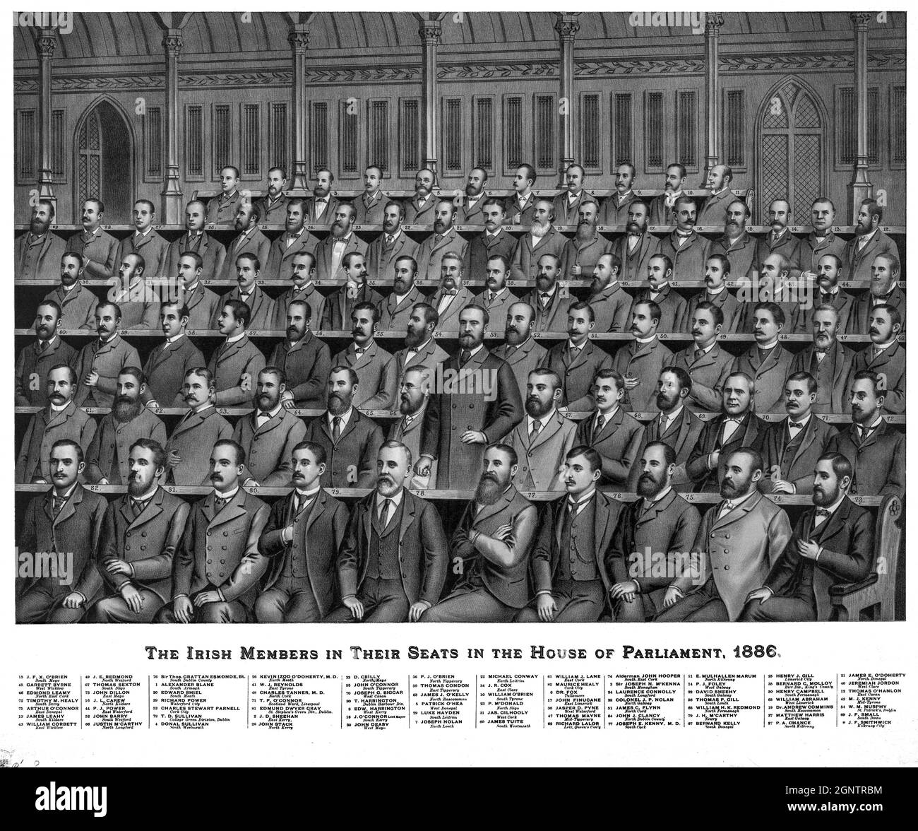 Un'illustrazione di un artista sconosciuto di membri del Partito parlamentare irlandese che siedono alla Camera dei Comuni britannica, Londra, Inghilterra. Il partito ha mantenuto l'equilibrio del potere nella Camera dei Comuni durante i dibattiti della regola d'interno del 1885-1886. Foto Stock