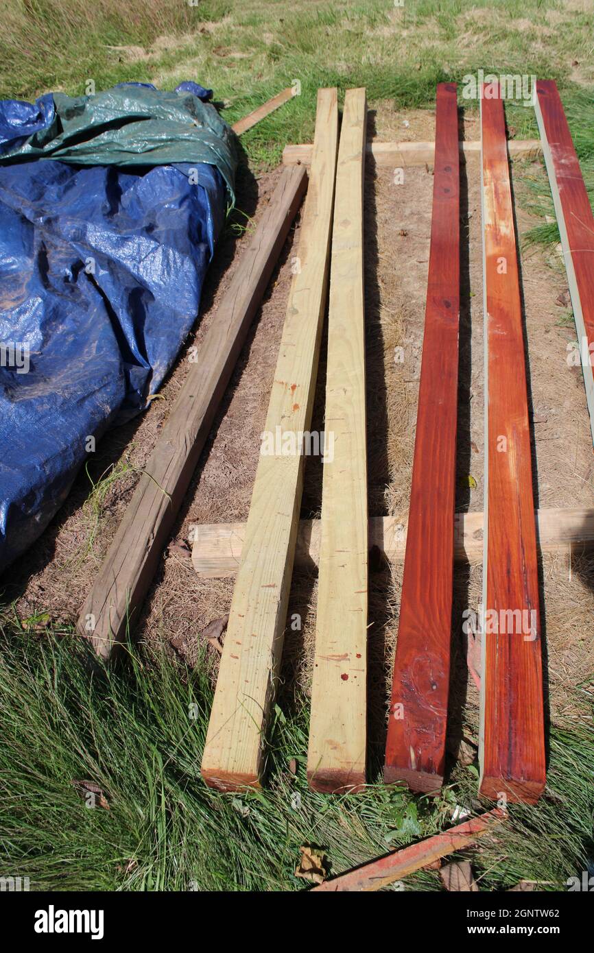 Pali di legno deformati disposti in una fila Foto Stock