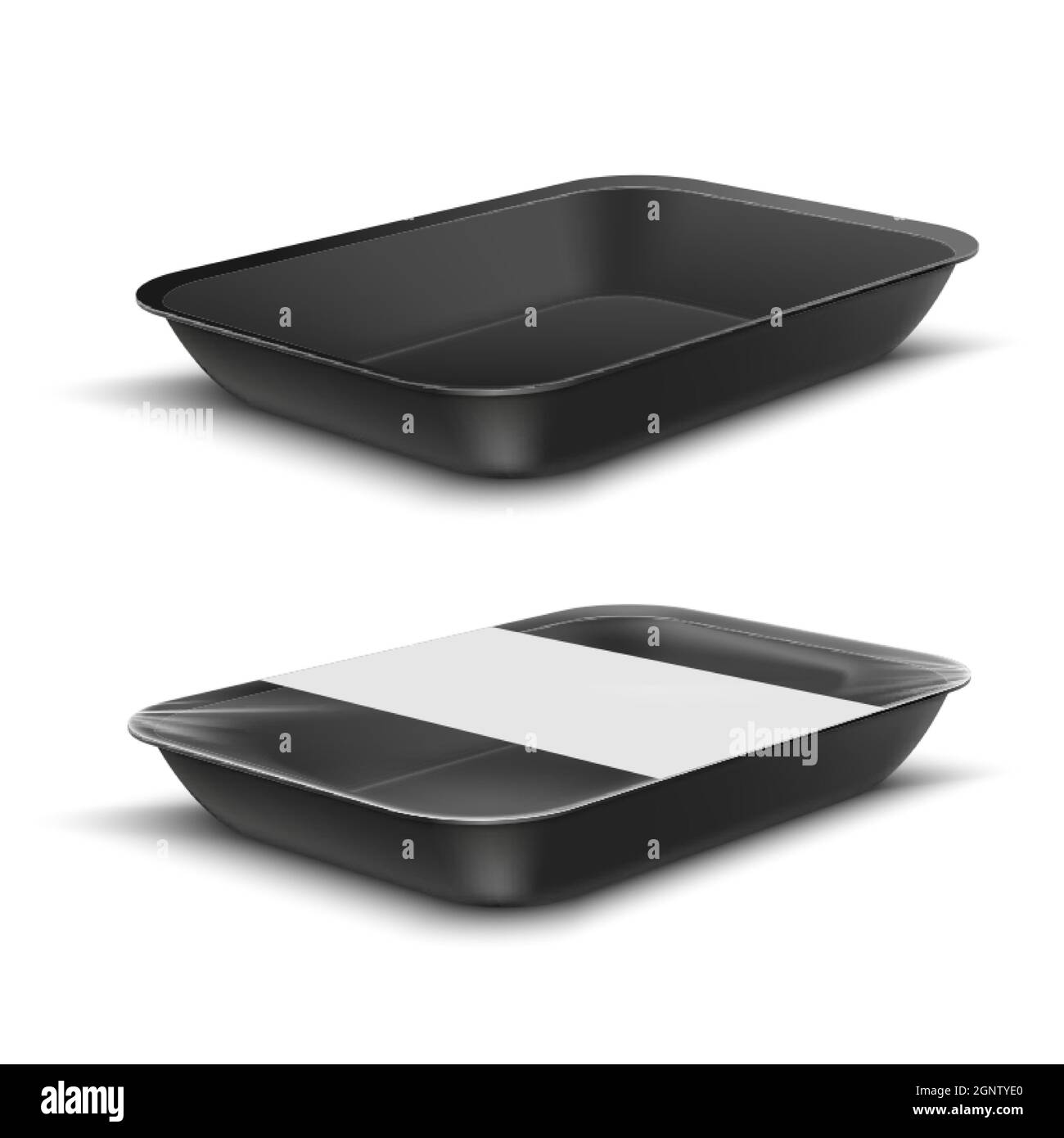 Modello dal design realistico con vassoio per alimenti nero su sfondo bianco. Illustrazione Vettoriale